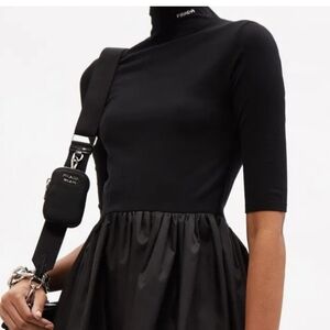 PRADA BLACK VIRGIN WOOL, RE-NYLON GABARDINE FIT FLARE, SHORT DRESS, SIZE 40 IT
